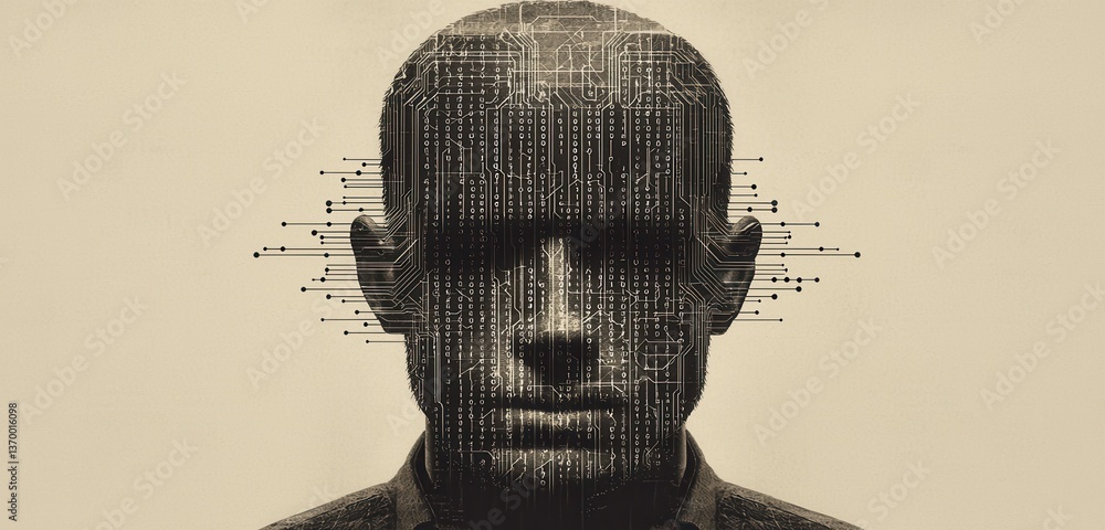 Poster human figure with abstract circuit pattern on a beige background