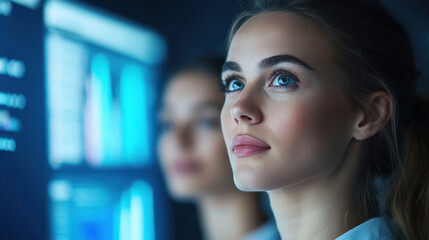 Innovative woman analyzing data with futuristic interface in background
