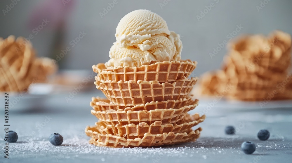 Poster a stack of crispy waffle cones displayed on a table, ready for scooping ice cream.