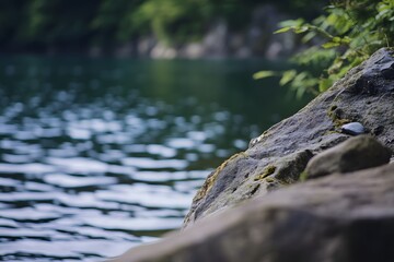 Fototapeta premium Serene view of lake water with rough stone detail in the foreground