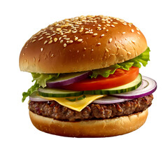  Highly realistic hamburger with juicy beef patty, melted cheese, and fresh vegetables, on transparent background