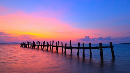 Obraz premium Relaxing sunset over water with wooden jetty coastal landscape vibrant colors tranquil environment