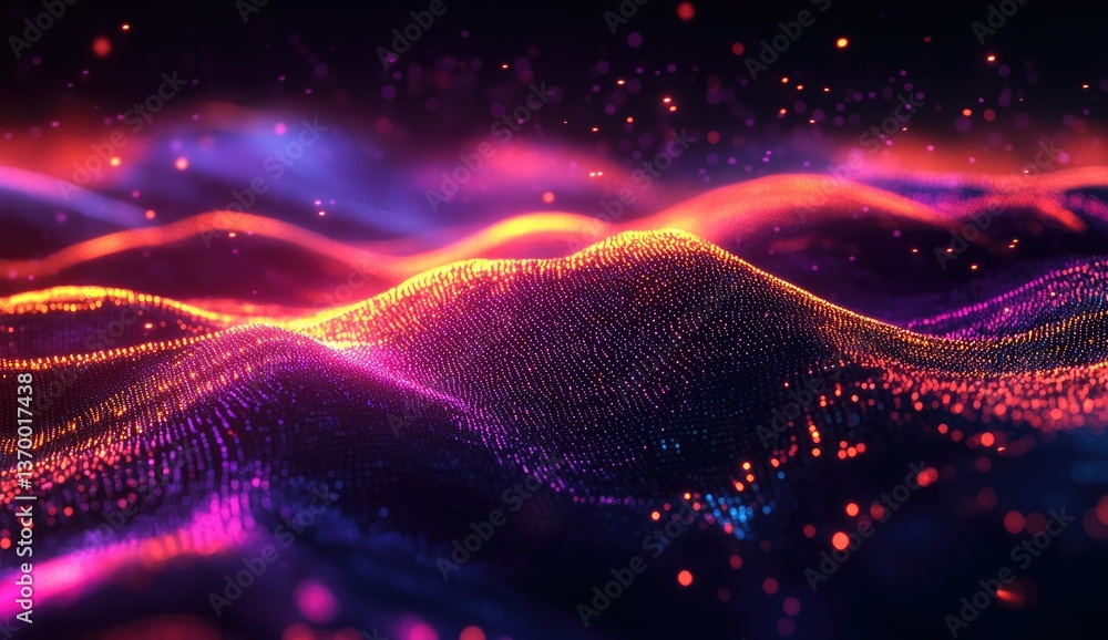 Poster abstract digital landscape of glowing particles. dynamic, colorful, and textured waves of light and 