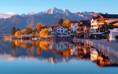 Obraz premium Alpine lake town autumn sunrise.