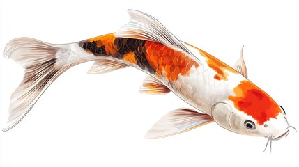  A beautiful koi fish swimming gracefully in an imaginary pond, against a white background. 