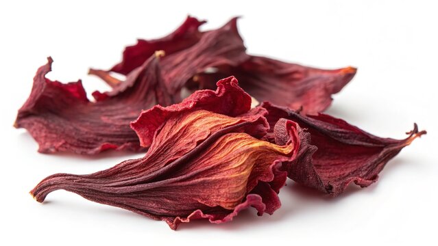 Close-up of dried red rose petals with pink hues, isolated on a white background, evoking a natural, healthy, and floral feel