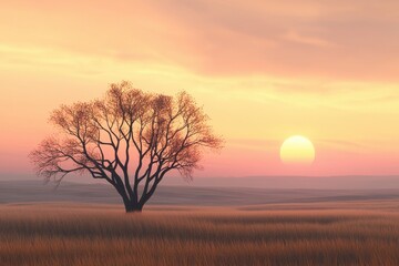 Fototapeta premium Serene Sunset Over a Lone Tree in a Vast Open Field Landscape