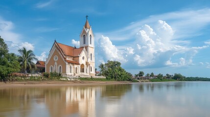 Fototapeta premium Picturesque church by the river scenic landscape architectural beauty tranquil environment serene viewpoint