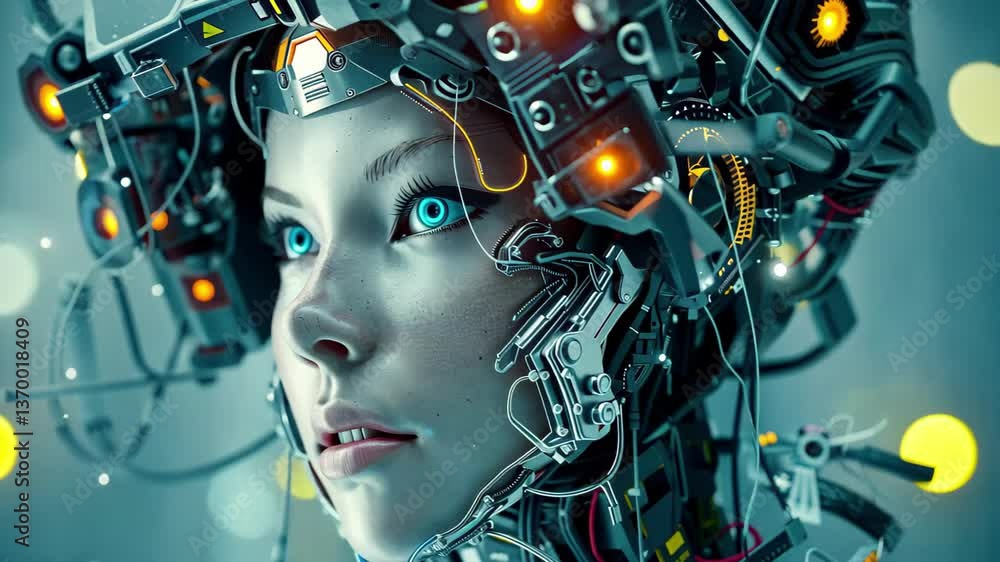 Poster the robotic figure features detailed circuitry and luminous components, representing cutting-edge ad