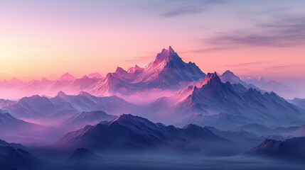 Pink sunrise over majestic mountains, misty valley.  Wallpaper, travel, nature
