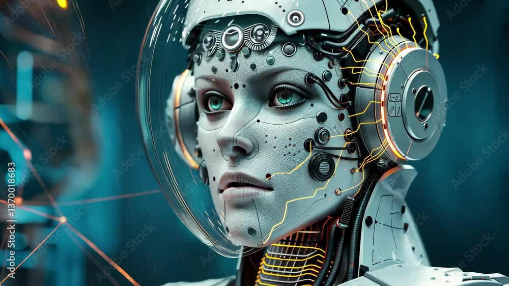 Poster in a high-tech setting, a humanoid robot with a detailed helmet and illuminated circuitry is observe