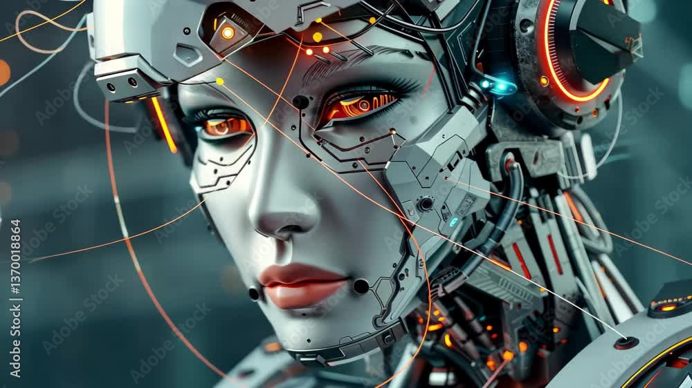 Poster the humanoid robot showcases stunning details, blending human features with high-tech elements while