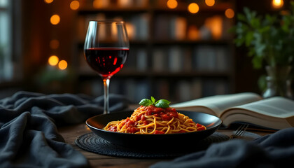 Naklejka premium Elegant Dining: Spaghetti with Tomato Sauce, Basil, and Red Wine in Cozy Ambiance