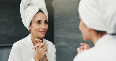 Home, skincare and woman with mirror, towel and grooming with confidence, wellness and routine....