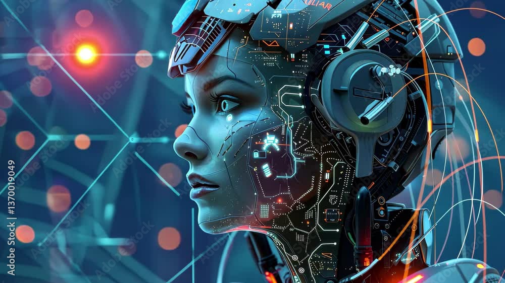 Poster a humanoid robot with intricate circuitry and glowing elements is engaged in an exploration of artif