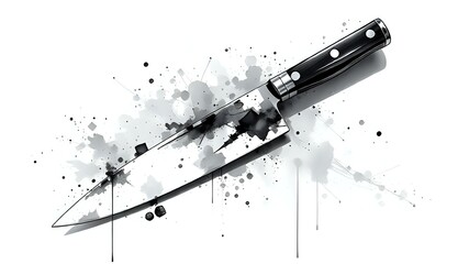 Artistic Black and White Ink Splash Illustration of a Chef's Knife