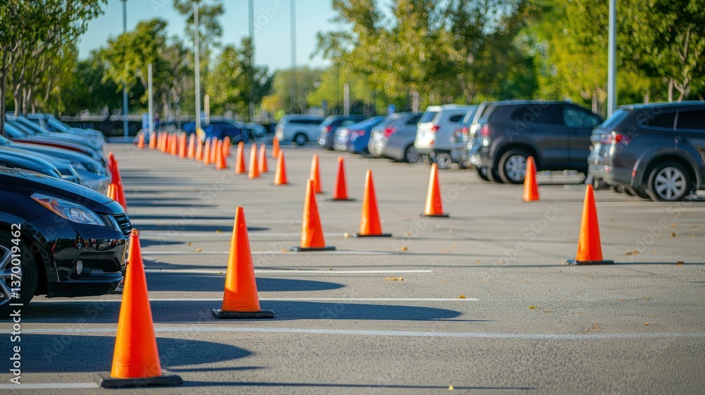 Aufkleber a series of parking cones set up along a public event parking lot to guide vehicles into spaces.