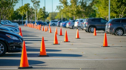 A series of parking cones set up along a public event parking lot to guide vehicles into spaces.