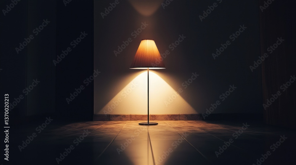 Poster a bright light cone emanating from a lamp in a dark room, casting soft shadows around the space.
