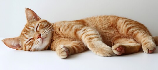  A bright orange tabby cat lounging comfortably on a white background. 