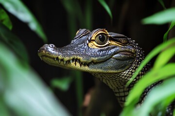 Naklejka premium A caiman lurking in the shadows of an Amazon riverbank, its body perfectly camouflaged among the plants as it waits for unsuspecting prey. 