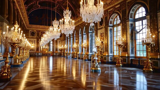 The grand hall at the Palace of Versailles showcases ornate architecture and shimmering chandeliers, casting a warm glow across the polished floor as evening approaches.