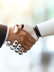digital ai robot futuristic A human hand shakes hands with a robotic hand, symbolizing collaboration between humans and technology in the modern world.