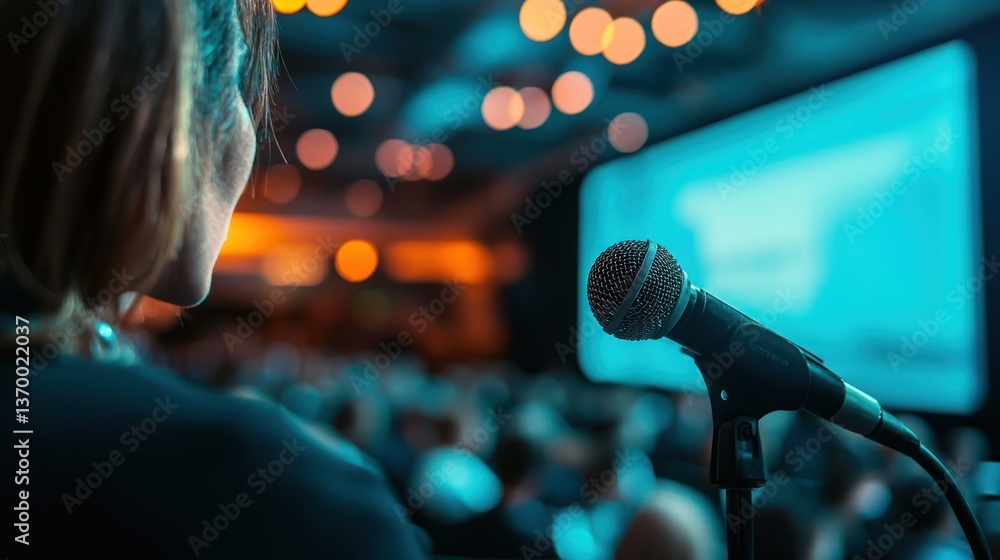 Poster a professional presenting at a webinar conference, speaking into a microphone with virtual attendees