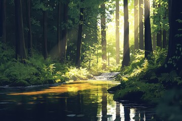 Obraz premium A serene forest scene with sunlight streaming through the trees and reflecting on the water surface transparent background