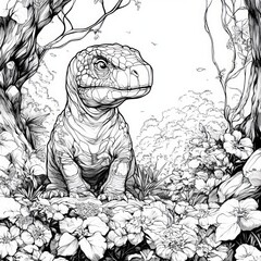 Detailed black and white coloring book illustration of a cute baby dinosaur sitting in a lush flower forest with trees and blooming plants for kids and adults to color
