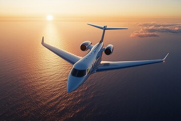 Private jet sunset ocean flight luxury travel