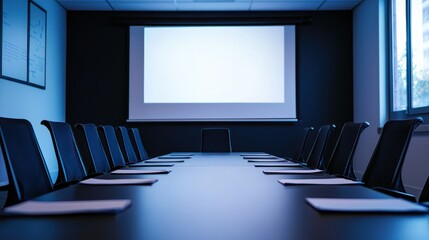 A sleek, modern conference room with a long table, chairs, and a large digital screen for presentations.