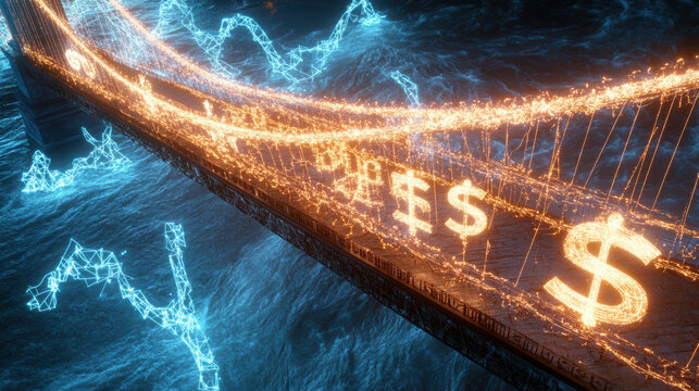 stunning visual representation of bridge illuminated with glowing dollar signs, symbolizing financial connections and opportunities. vibrant colors and dynamic lines create engaging atmosphere