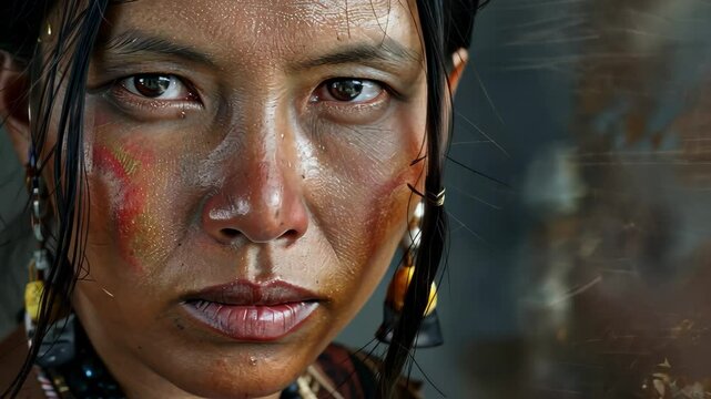 The portrait captures a woman with intense gaze and traditional attire adorned with colorful jewelry, showcasing rich cultural heritage and personal expression.