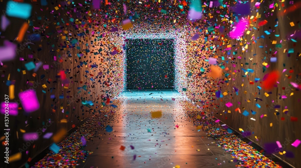 Poster a frame of colorful confetti surrounding an empty party space, ready for guests to enter and celebra
