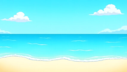 A quiet beach, showing a clear blue sky with a few fluffy white clouds on the horizon. The ocean is a gradient of blue, green and blue, with waves gently lapping the shore.