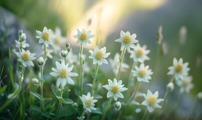 Edelweiss flowers in the Alps, blurred background, Generative AI