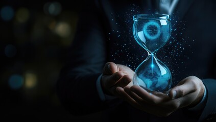 Time management, digital hourglass in hands