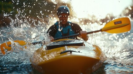 Fototapeta premium Action shot of a kayaker paddling through whitewater rapids, splashing water everywhere. The focus is on the kayak and the water spray.