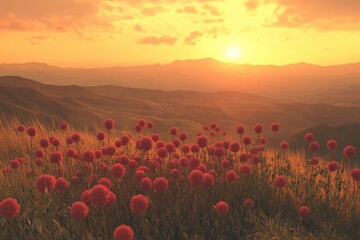 Sunset over a field of vibrant red flowers on a mountain range