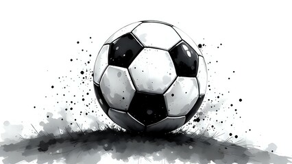 black and white soccer ball with ink splatter, artistic sports illustration on white background