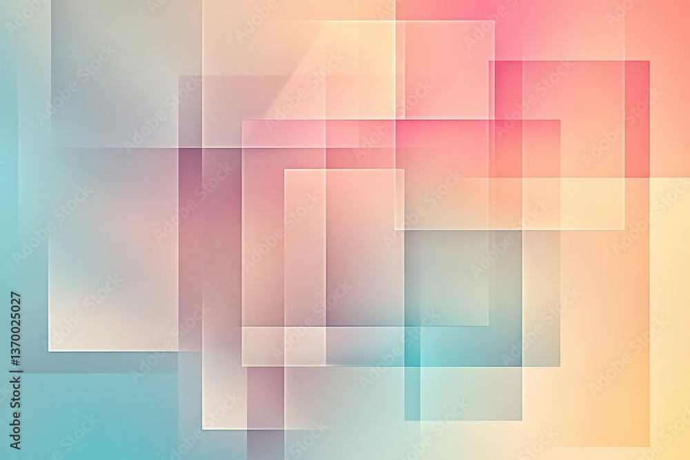 Poster Clean geometric design featuring overlapping translucent squares in pastel gradients creating sophisticated abstract elegance