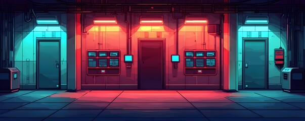 Futuristic Control Room with Neon Lights and High-Tech Displays