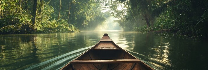  A canoe gliding down a narrow Amazonian waterway, the passengers marveling at the lush, towering forest stretching endlessly on either side. 