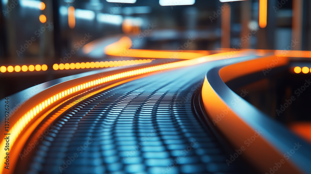 Poster automated conveyor belt moving products in a factory or warehouse environment