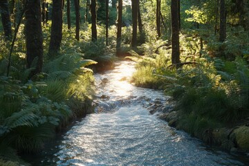 Obraz premium A stream flowing through a forest with sunlight filtering through the trees and lush vegetation transparent background