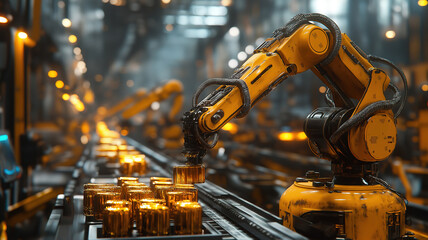 Fototapeta premium Robotic Arms in Factory Packaging Goods on Conveyor Belt for Streamlined Production