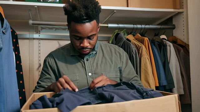 Afro american man packing clothes into cardboard box inside modern wardrobe closet. Concept of moving, decluttering and personal transition