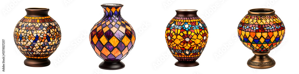 Poster a collection of beautifully crafted one of a kind mosaic vases featuring intricate patterns and a vi
