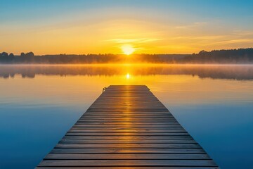 Obraz premium A wooden pier stretches into a calm lake reflecting the golden light of the rising sun at dawn time transparent background